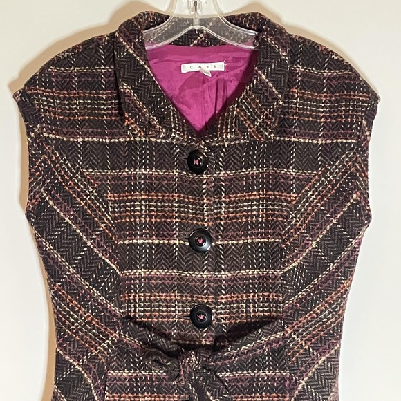 Cabi Vest Womens Medium Brown Plaid Tweed Button Front Belted Lined Waist Tie M - Picture 2 of 14